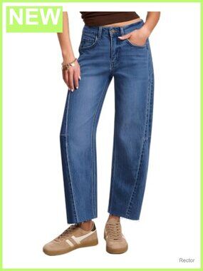 Women's Barrel Jeans Mid Rise Wide Leg Stretch Denim Raw Hem